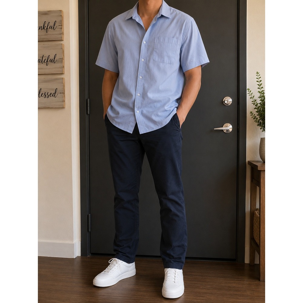George Mens Easy Care Button Down Shirt Light Blue Short Sleeve Size 17.5 XL